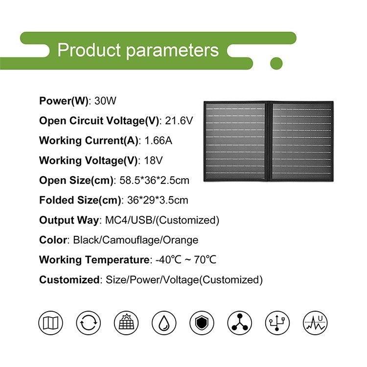 Panneau solaire portable 30W 18V pour caravane IP65 résistant aux intempéries monocristallin noir